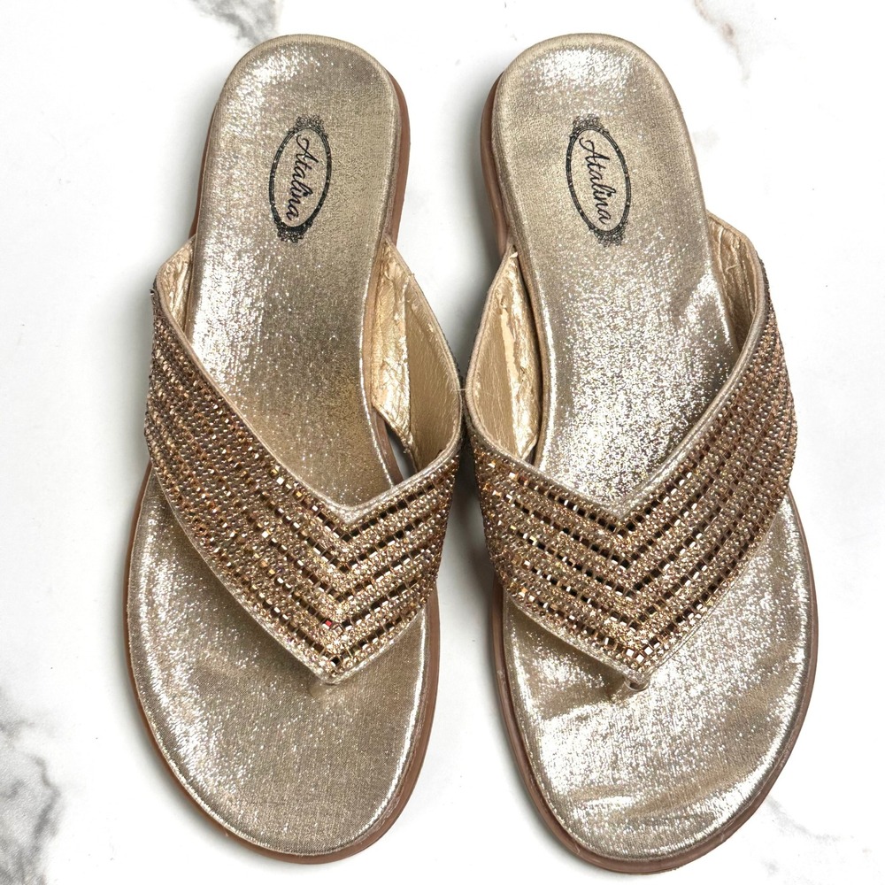 Womens Gold Metallic Rhinestone Thong Sandals Size 9 Low Wedge Flip Flops